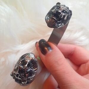 Men's Black Elastic Stainless Steel Leather Lion Head Cuff